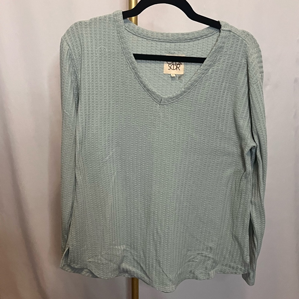 Chaser, waffle, knit blouse, long sleeve, pale, turquoise color medium (B4)